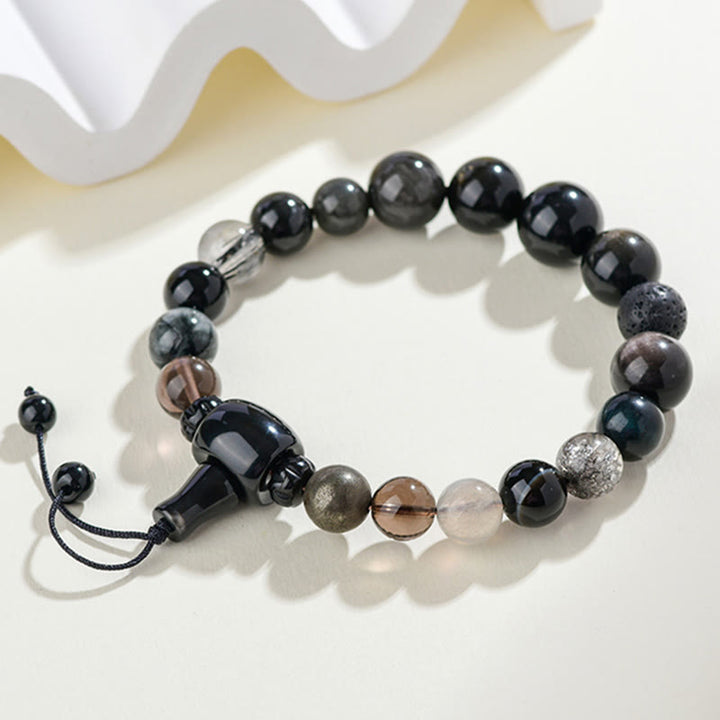 Buddha Stones Five Elements Various Crystal Black Obsidian Wealth Wisdom Bracelet