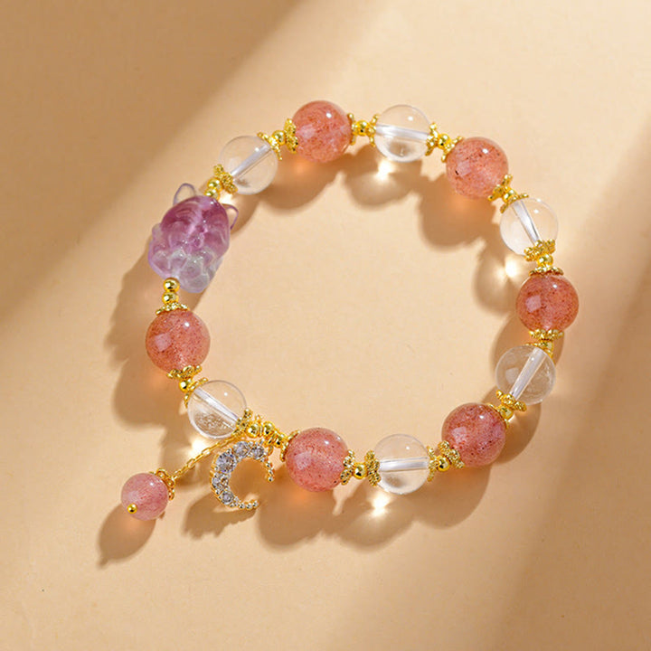 Buddha Stones Natural White Strawberry Quartz Crystal Healing Love Nine Tailed Fox  Moon Pendant Bracelet