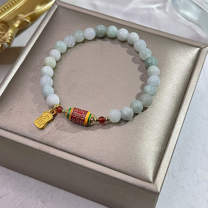 Buddha Stones Tibetan Natural Jade Fu Character Prayer Wheel Prosperity Abundance Bracelet