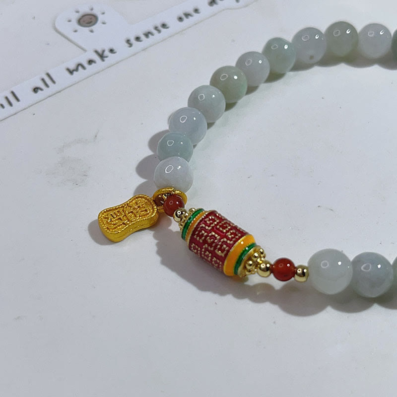 Buddha Stones Tibetan Natural Jade Fu Character Prayer Wheel Prosperity Abundance Bracelet