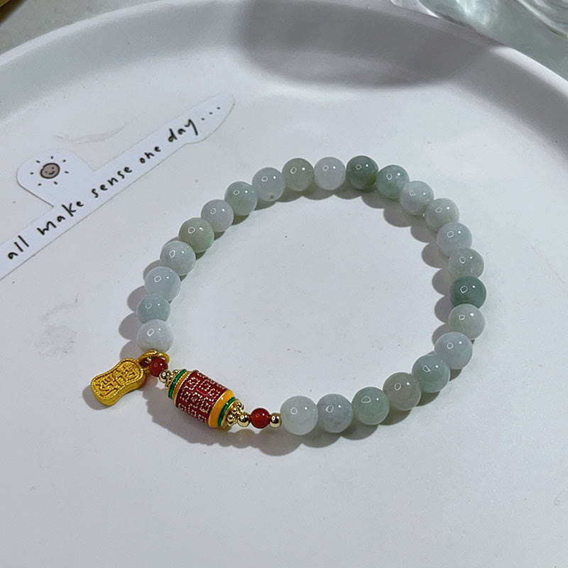 Buddha Stones Tibetan Natural Jade Fu Character Prayer Wheel Prosperity Abundance Bracelet