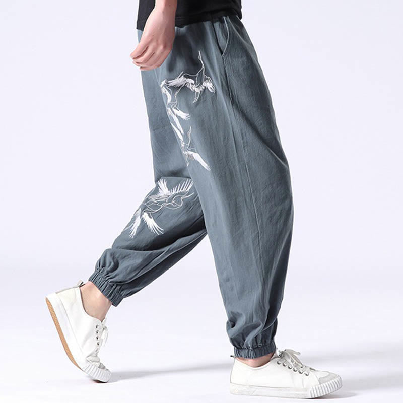 Buddha Stones White Crane Embroidery Design Drawstring Men's Harem Pants With Pockets - image 1