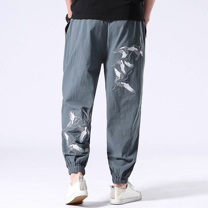 Buddha Stones White Crane Embroidery Design Drawstring Men's Harem Pants With Pockets - image 3