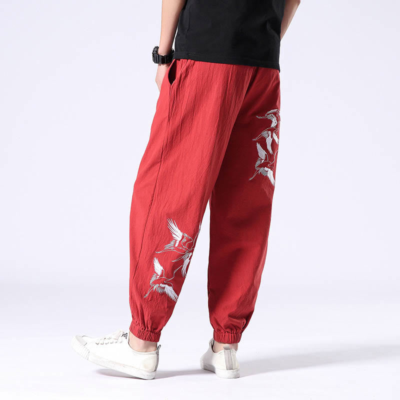 Buddha Stones White Crane Embroidery Design Drawstring Men's Harem Pants With Pockets