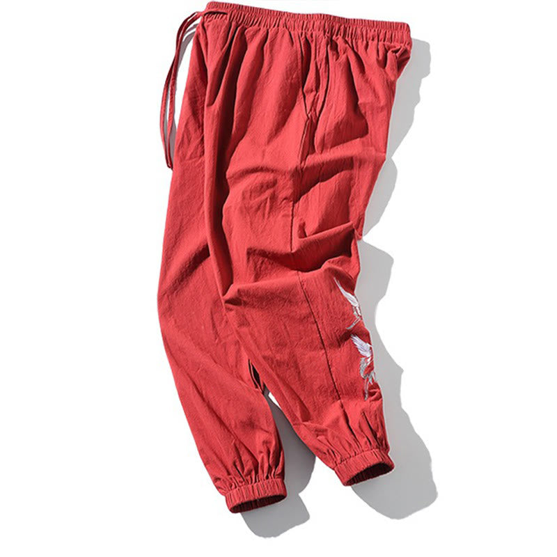 Buddha Stones White Crane Embroidery Design Drawstring Men's Harem Pants With Pockets - image 20
