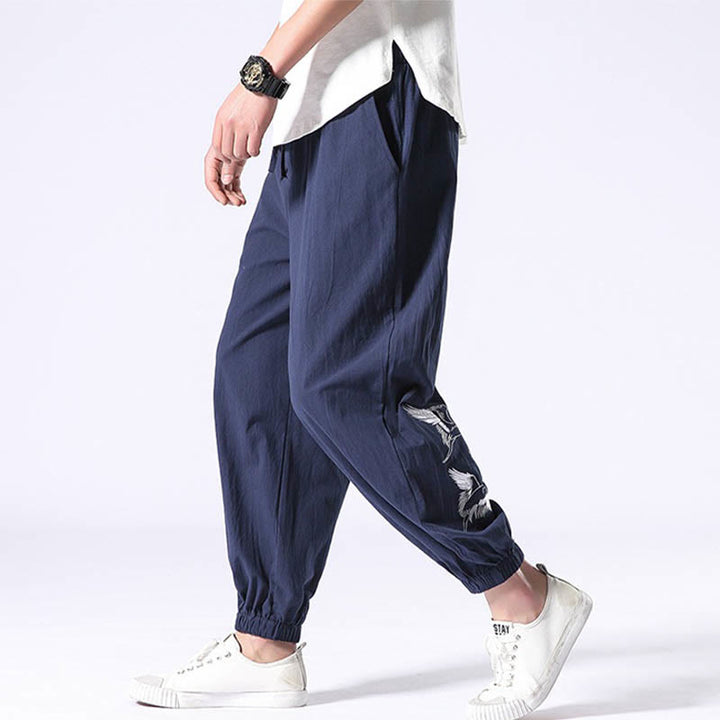 Buddha Stones White Crane Embroidery Design Drawstring Men's Harem Pants With Pockets - image 24