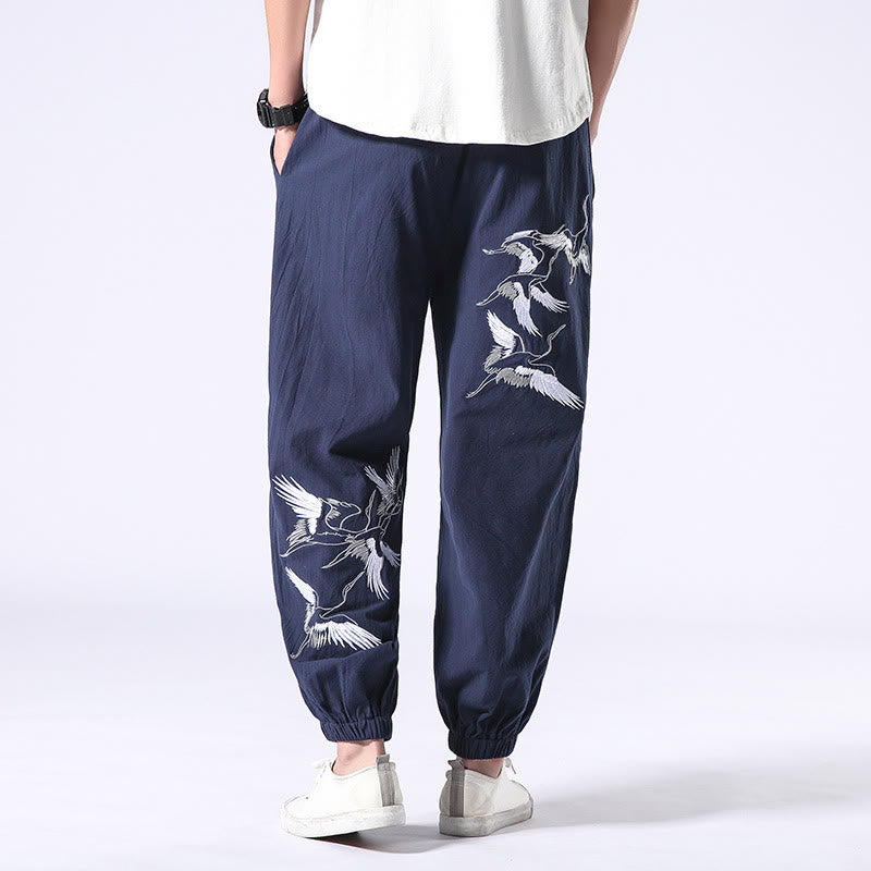 Buddha Stones White Crane Embroidery Design Drawstring Men's Harem Pants With Pockets - SteelBlue - US/UK/AU42，EU52 (3XL) - image 22