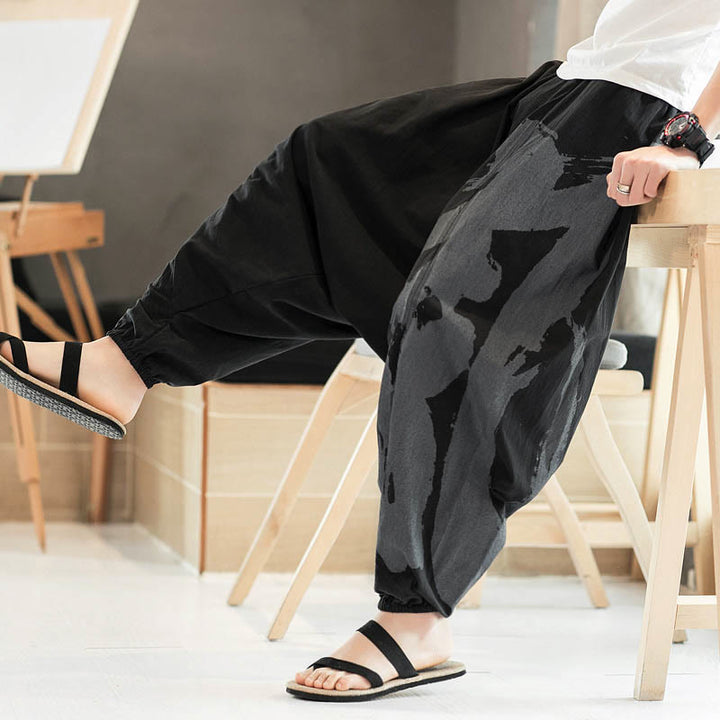Buddha Stones Simple Summer Calligraphy Cotton Men's Harem Pants With Pockets - image 6