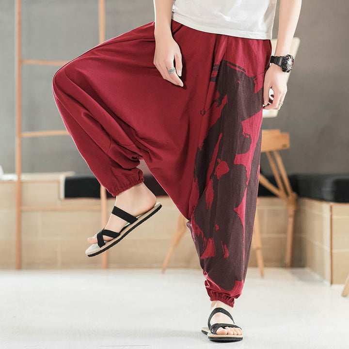 Buddha Stones Simple Summer Calligraphy Cotton Men's Harem Pants With Pockets