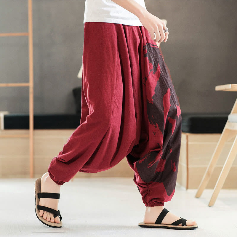 Buddha Stones Simple Summer Calligraphy Cotton Men's Harem Pants With Pockets