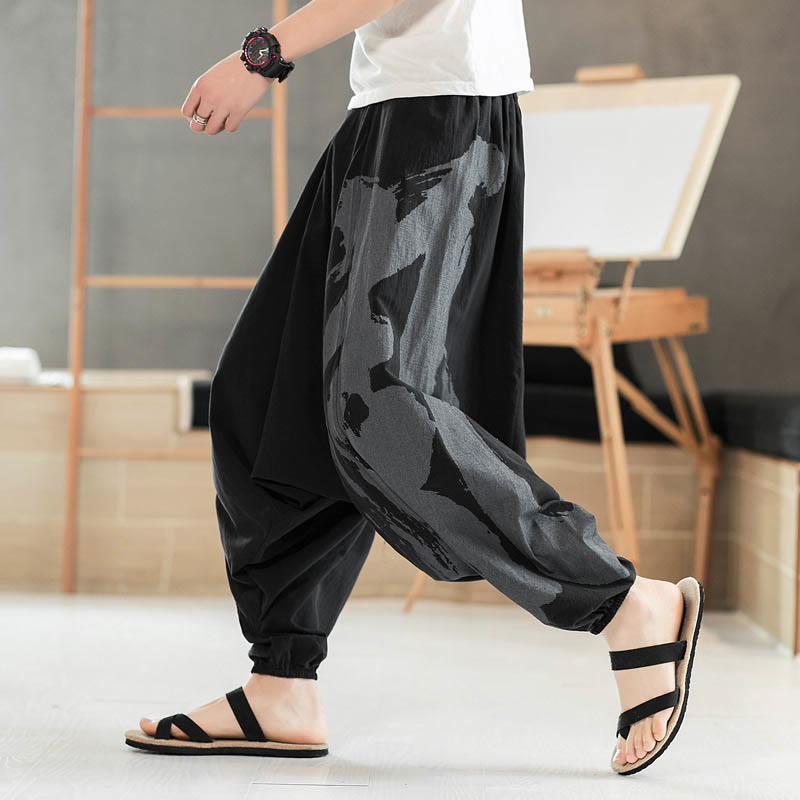 Buddha Stones Simple Summer Calligraphy Cotton Men's Harem Pants With Pockets - Black - US/UK/AU46，EU56 (5XL) - image 0
