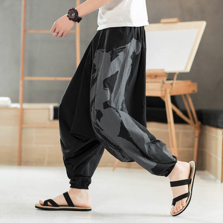Buddha Stones Simple Summer Calligraphy Cotton Men's Harem Pants With Pockets - Black - US/UK/AU46，EU56 (5XL) - image 0