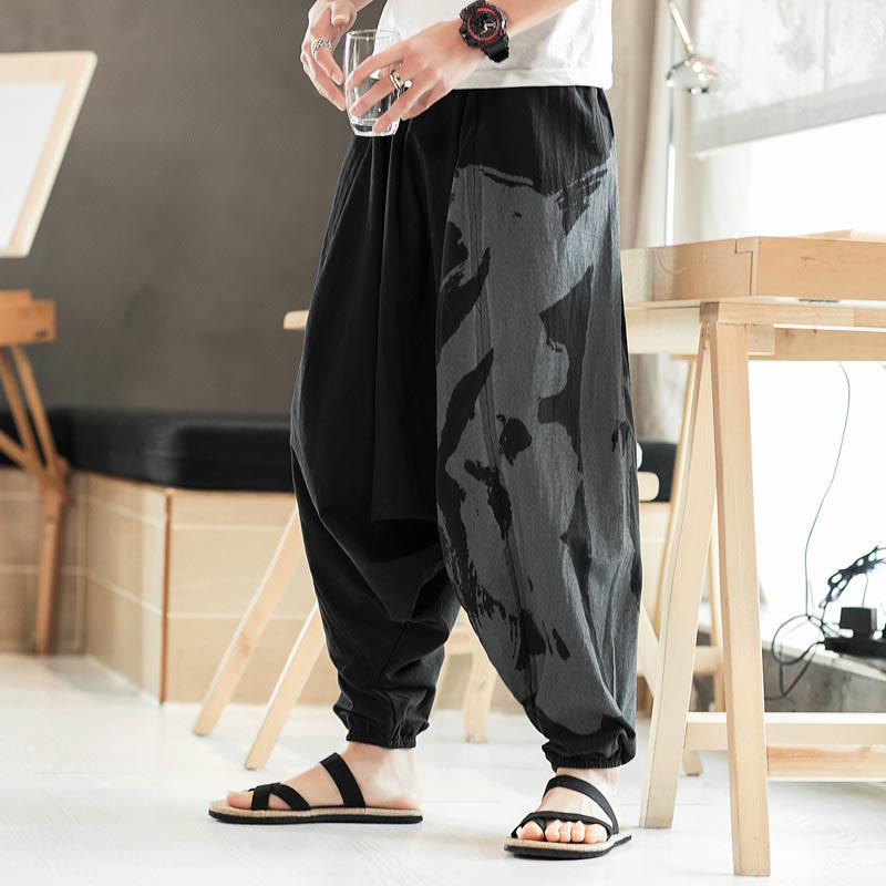 Buddha Stones Simple Summer Calligraphy Cotton Men's Harem Pants With Pockets