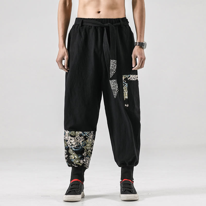 Buddha Stones Ocean Waves Lace-up Cotton Men's Harem Pants With Pockets