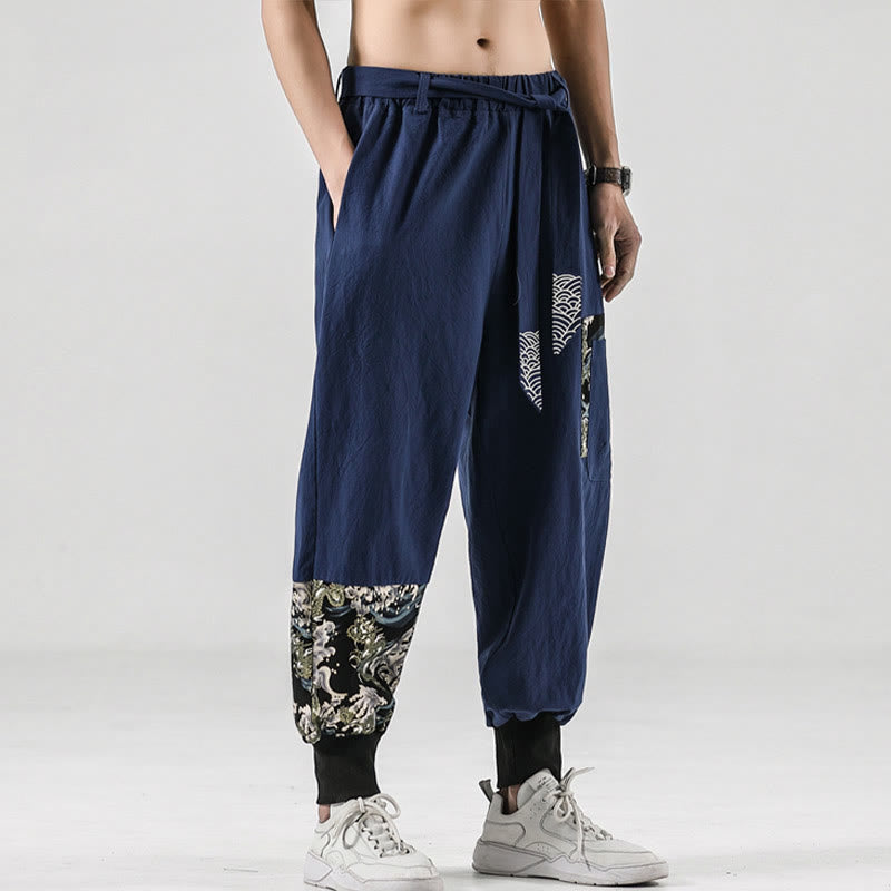 Buddha Stones Ocean Waves Lace-up Cotton Men's Harem Pants With Pockets