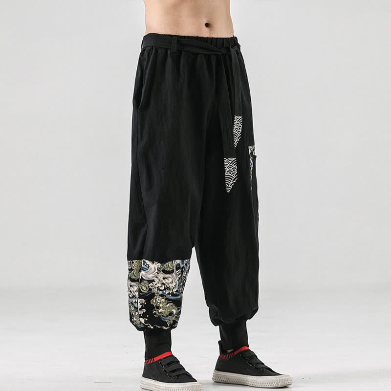 Buddha Stones Ocean Waves Lace-up Cotton Men's Harem Pants With Pockets - image 1