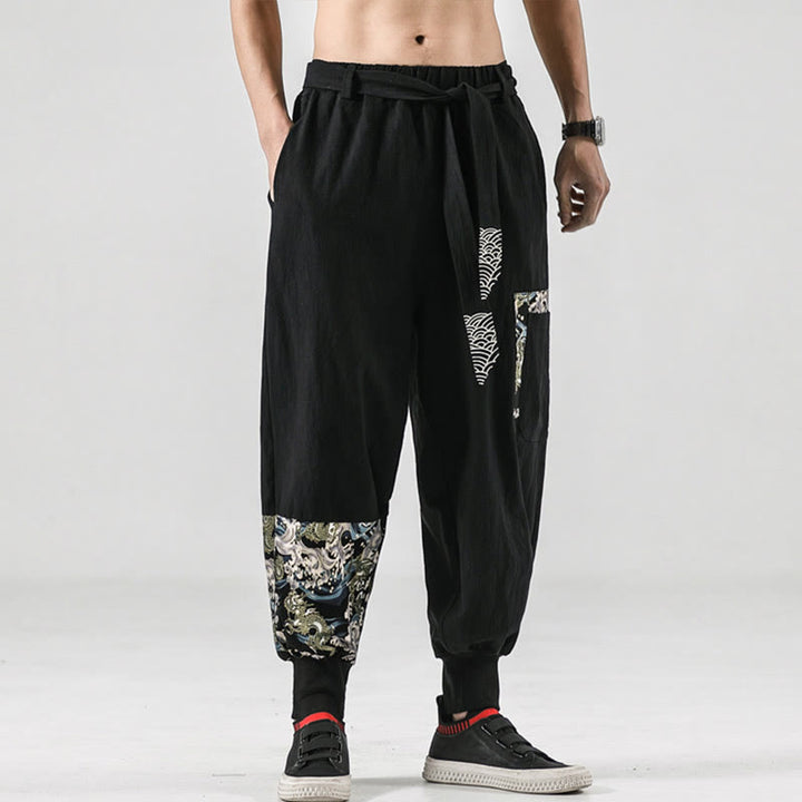 Buddha Stones Ocean Waves Lace-up Cotton Men's Harem Pants With Pockets