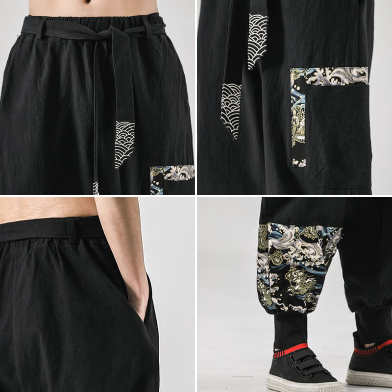 Buddha Stones Ocean Waves Lace-up Cotton Men's Harem Pants With Pockets - image 5