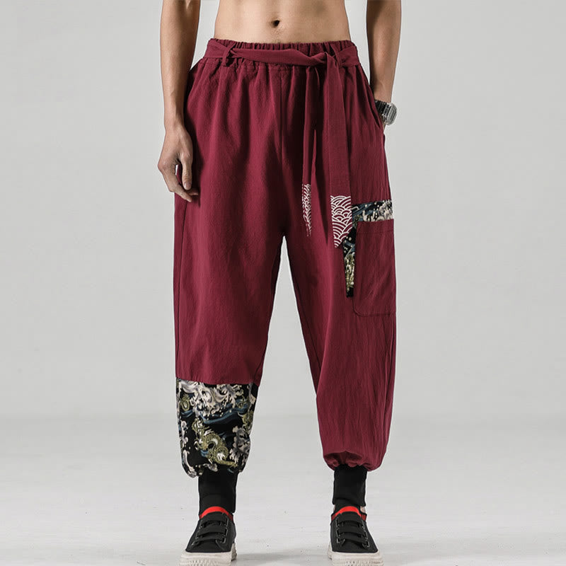 Buddha Stones Ocean Waves Lace-up Cotton Men's Harem Pants With Pockets