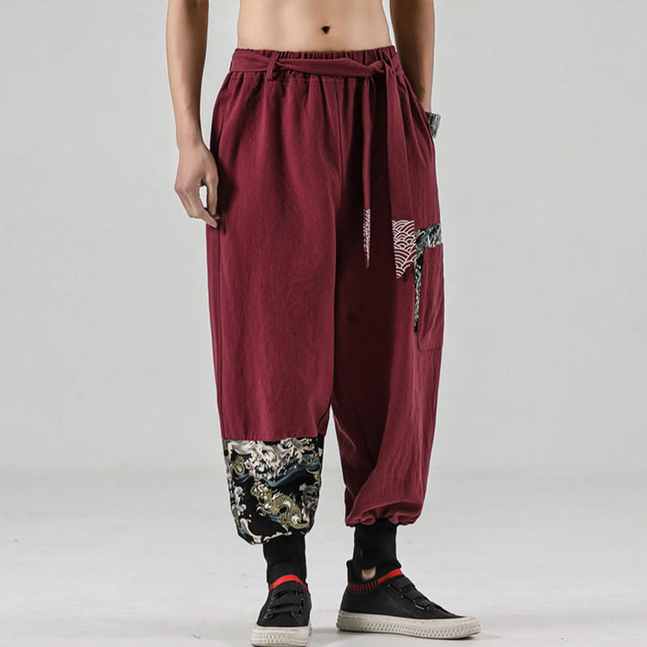 Buddha Stones Ocean Waves Lace-up Cotton Men's Harem Pants With Pockets - image 15