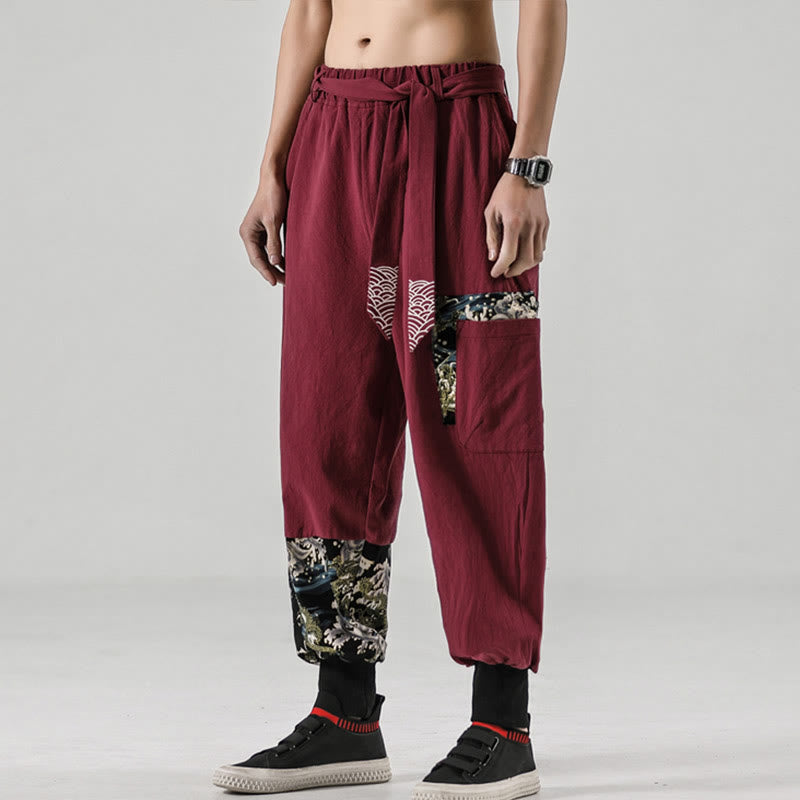Buddha Stones Ocean Waves Lace-up Cotton Men's Harem Pants With Pockets - image 21