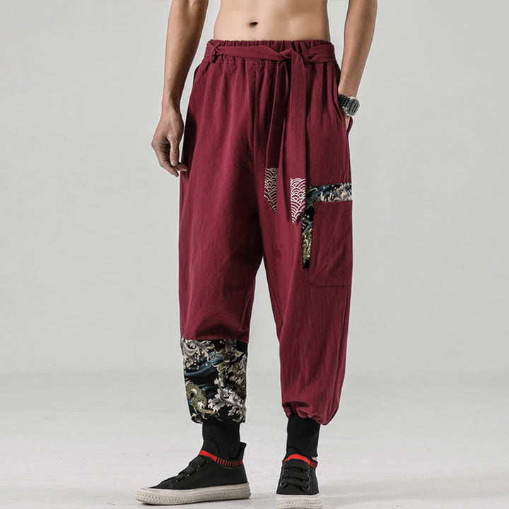 Buddha Stones Ocean Waves Lace-up Cotton Men's Harem Pants With Pockets - image 19