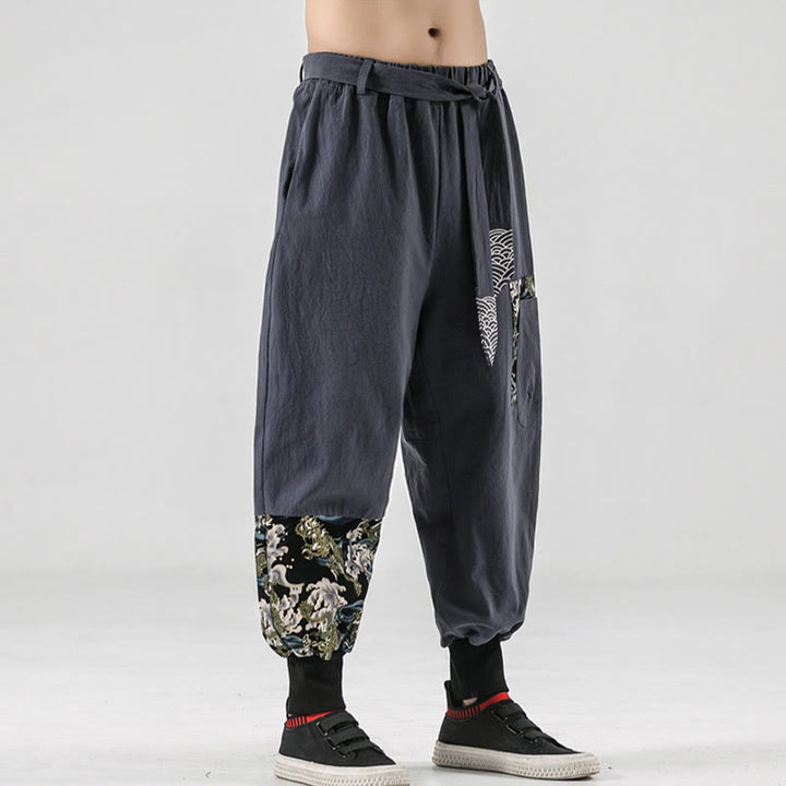 Buddha Stones Ocean Waves Lace-up Cotton Men's Harem Pants With Pockets - image 23