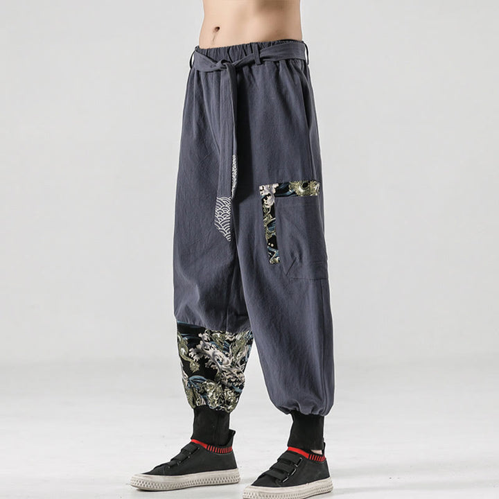 Buddha Stones Ocean Waves Lace-up Cotton Men's Harem Pants With Pockets - image 27