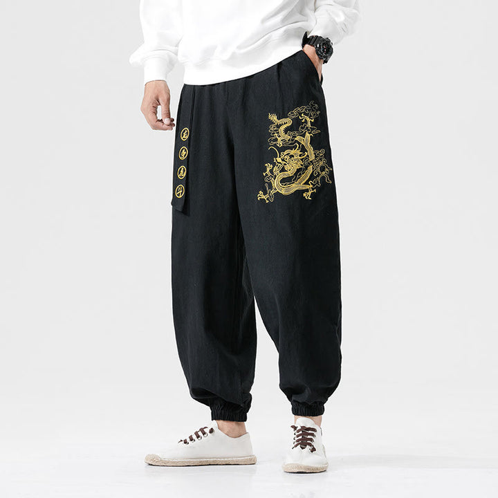 Buddha Stones Auspicious Clouds Dragon Cotton Men's Pants With Pockets - Black - US/UK/AU46，EU56 (5XL) - image 0