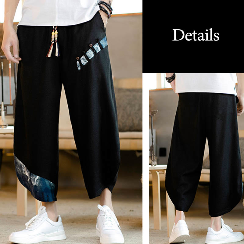 Buddha Stones Patchwork Design Drawstring Cotton Men's Cropped Pants With Pockets - image 20