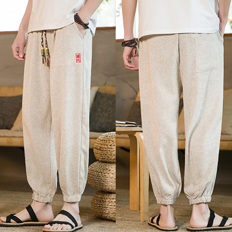 Buddha Stones Plain Drawstring Cotton Men's Harem Pants With Pockets