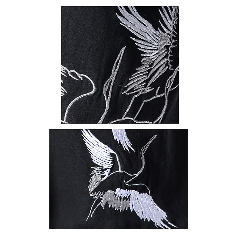 Buddha Stones White Crane Embroidery Design Drawstring Men's Harem Pants With Pockets - image 29