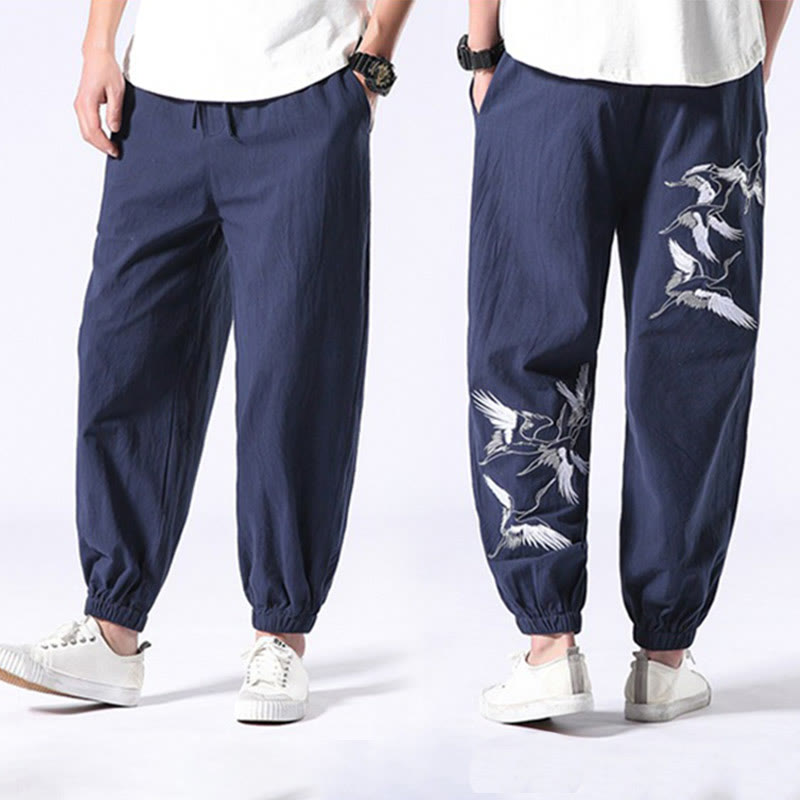 Buddha Stones White Crane Embroidery Design Drawstring Men's Harem Pants With Pockets