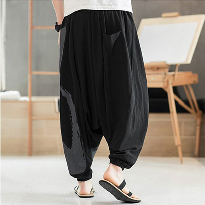 Buddha Stones Simple Summer Calligraphy Cotton Men's Harem Pants With Pockets - image 2