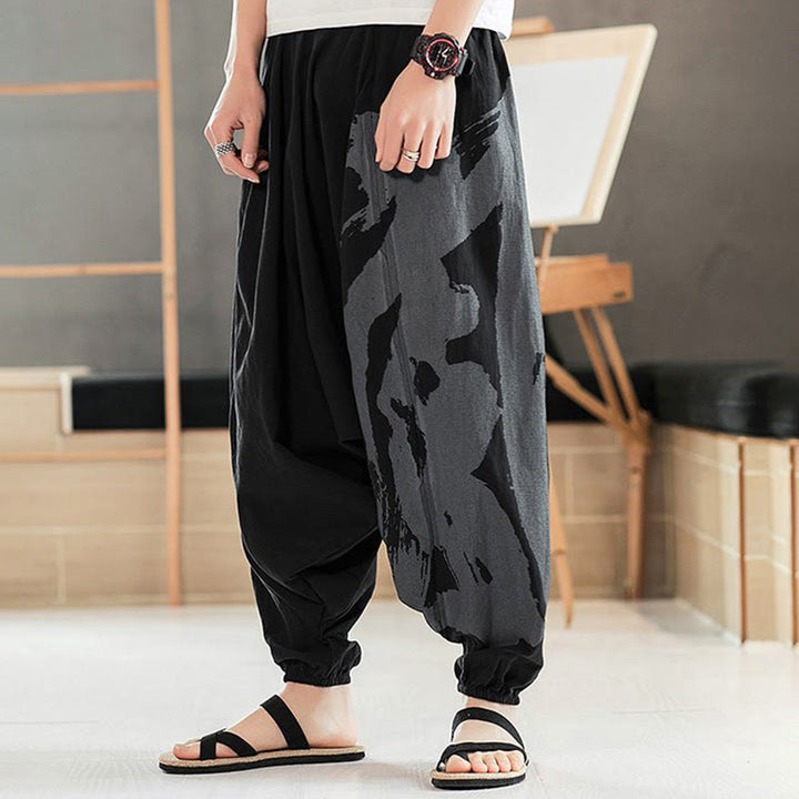 Buddha Stones Simple Summer Calligraphy Cotton Men's Harem Pants With Pockets