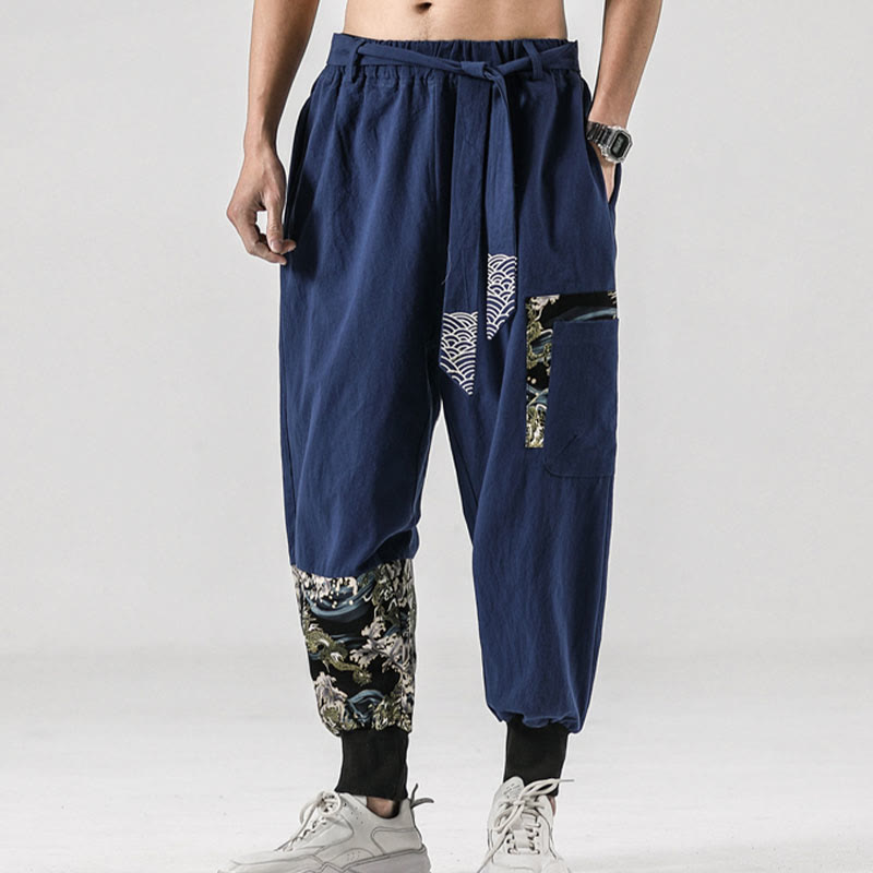 Buddha Stones Ocean Waves Lace-up Cotton Men's Harem Pants With Pockets - image 37