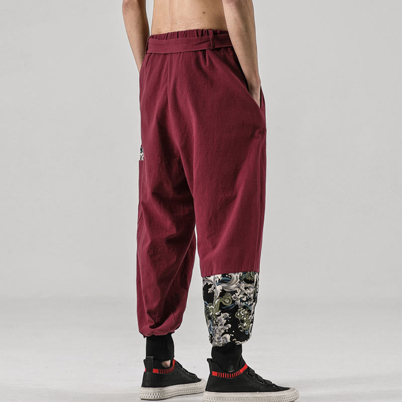 Buddha Stones Ocean Waves Lace-up Cotton Men's Harem Pants With Pockets - image 16