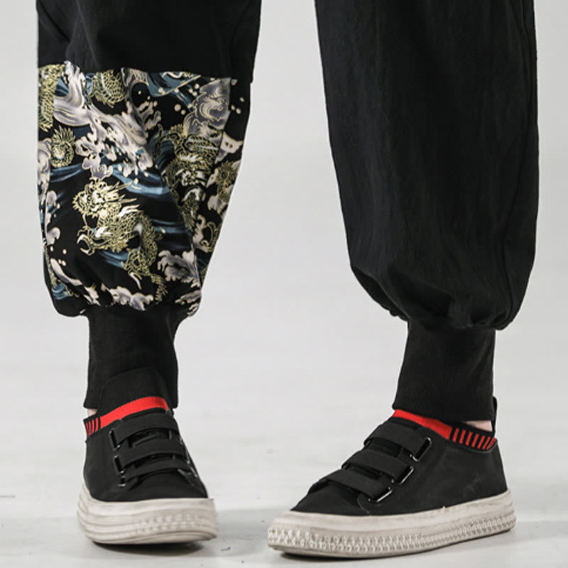 Buddha Stones Ocean Waves Lace-up Cotton Men's Harem Pants With Pockets - image 13