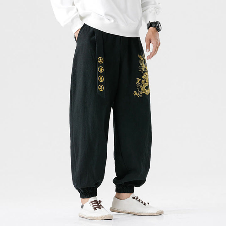 Buddha Stones Auspicious Clouds Dragon Cotton Men's Pants With Pockets