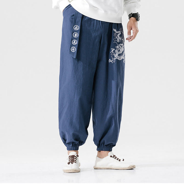 Buddha Stones Auspicious Clouds Dragon Cotton Men's Pants With Pockets