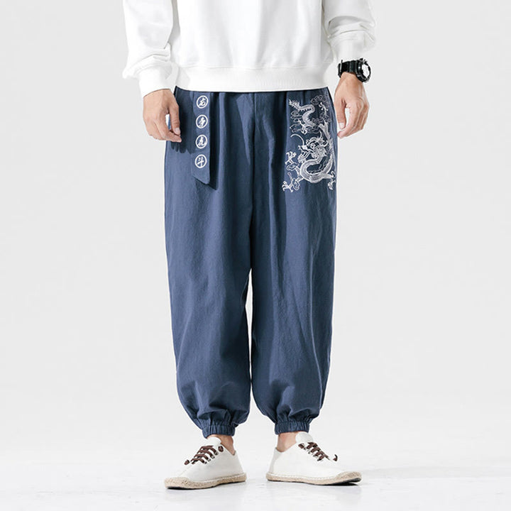 Buddha Stones Auspicious Clouds Dragon Cotton Men's Pants With Pockets