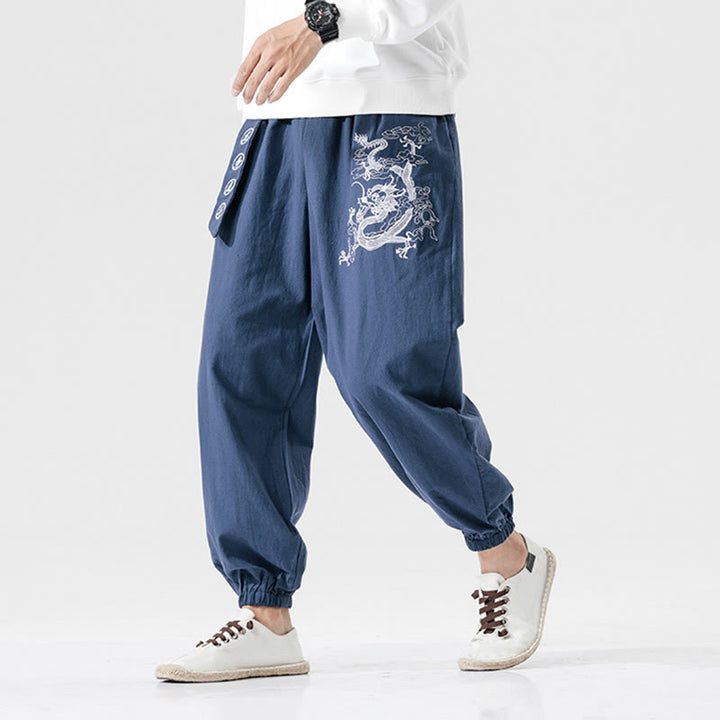 Buddha Stones Auspicious Clouds Dragon Cotton Men's Pants With Pockets