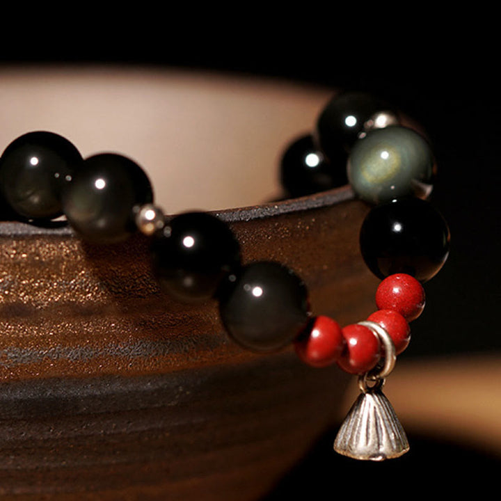 Buddha Stones Natural Black Obsidian Cinnabar Lotus Charm Strength Fulfillment Bracelet