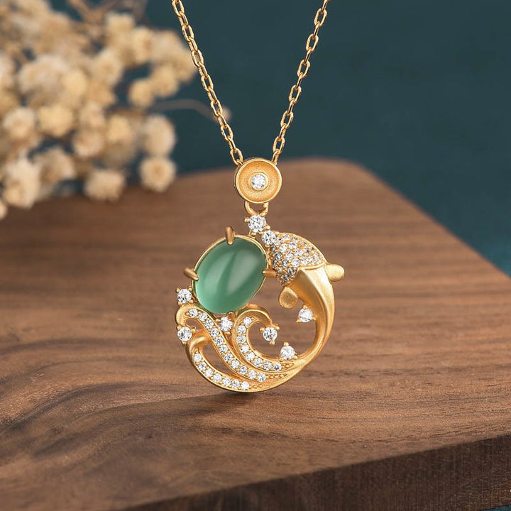 Buddha Stones Green Chalcedony Koi Fish Strength Necklace Pendant