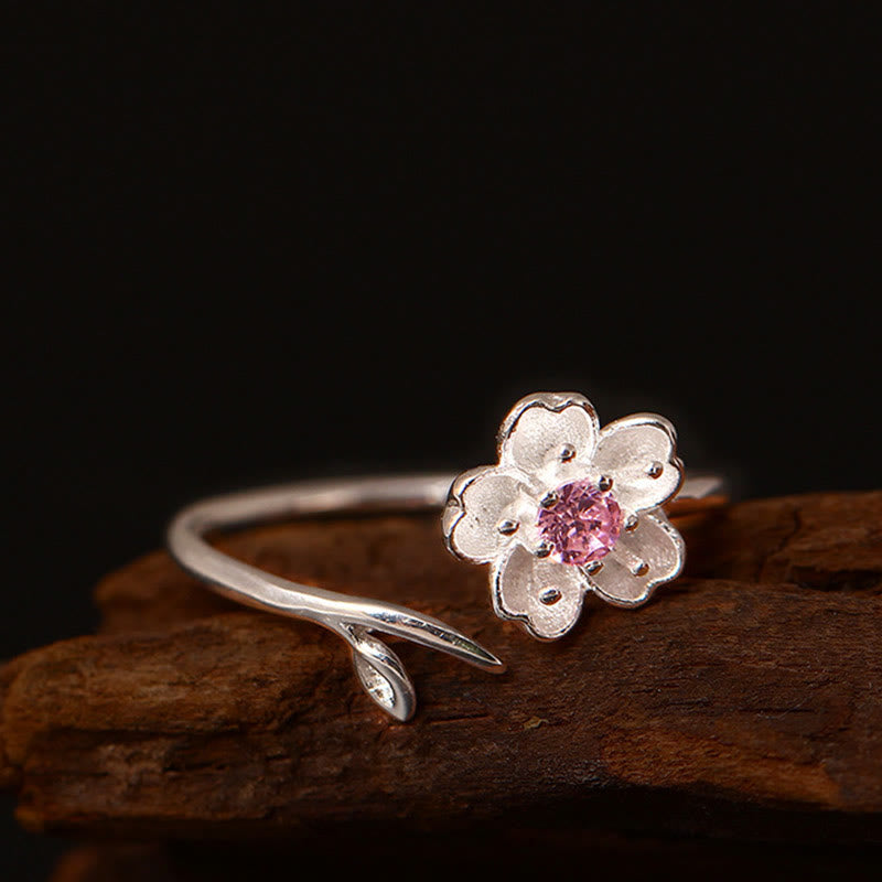 Buddha Stones 925 Sterling Silver Cherry Blossom Sakura Flower Blessing Adjustable Ring - image 1