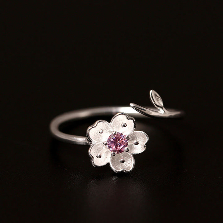 Buddha Stones 925 Sterling Silver Cherry Blossom Sakura Flower Blessing Adjustable Ring