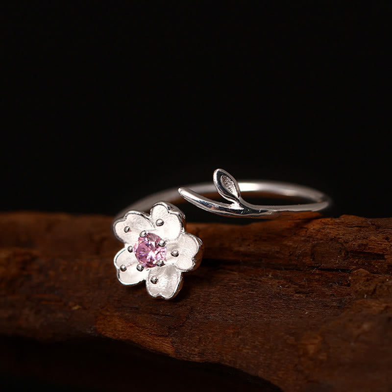 Buddha Stones 925 Sterling Silver Cherry Blossom Sakura Flower Blessing Adjustable Ring - image 7