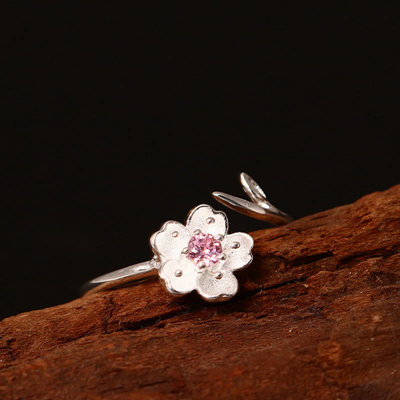 Buddha Stones 925 Sterling Silver Cherry Blossom Sakura Flower Blessing Adjustable Ring