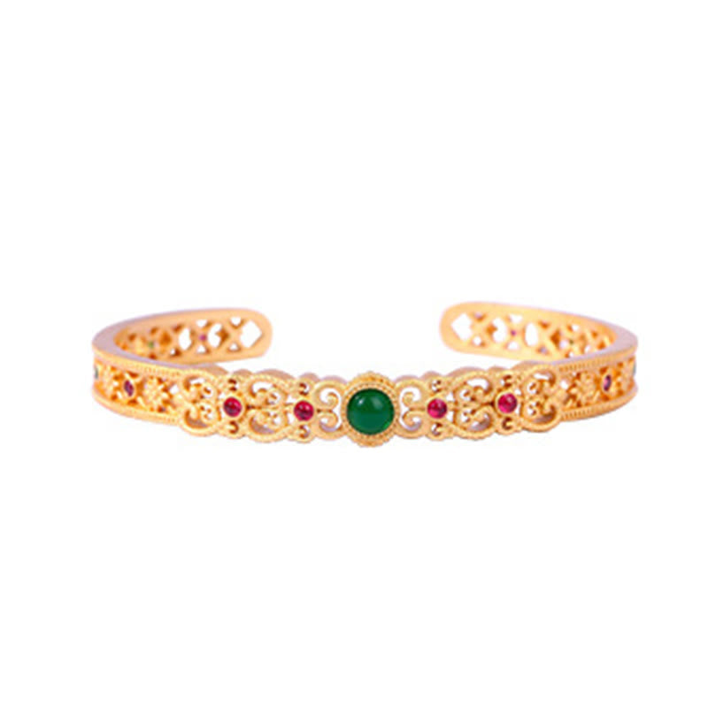 Buddha Stones Green Chalcedony 24k Gold Plated Copper Strength Cuff Bracelet Bangle