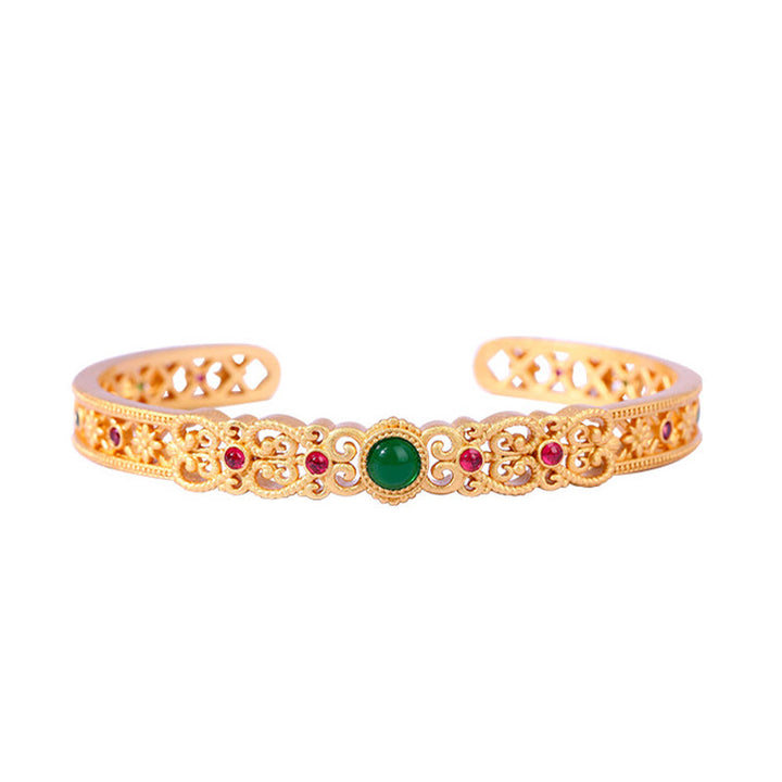 Buddha Stones Green Chalcedony 24k Gold Plated Copper Strength Cuff Bracelet Bangle